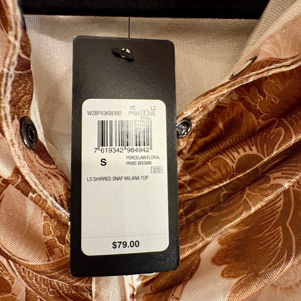 Guess Milana Floral Print Ruched Snap Front Top Brown Long Sleeve Shirt Small - Picture 5 of 8